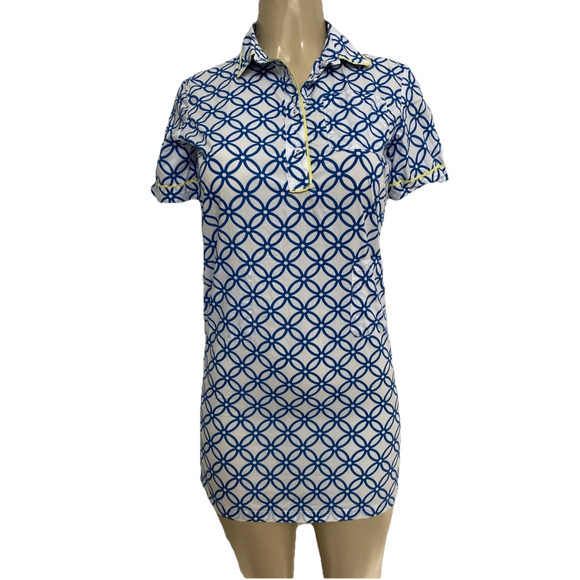 Marni Blue White Polo Dress Geometric Print Cotton Short Sleeve V Neck 10 Shift - Picture 1 of 8